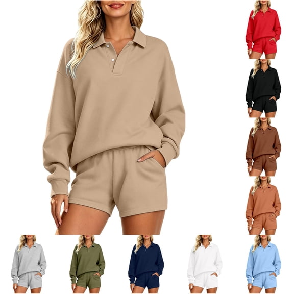 HAYIMI Womens Fall Outfits Sets Casual Long Sleeve Lapel Sweatshirt With Shorts Relaxed Fit Two Piece Outfit For Everyday Comfort Solid Color Versatile Clothes Sets