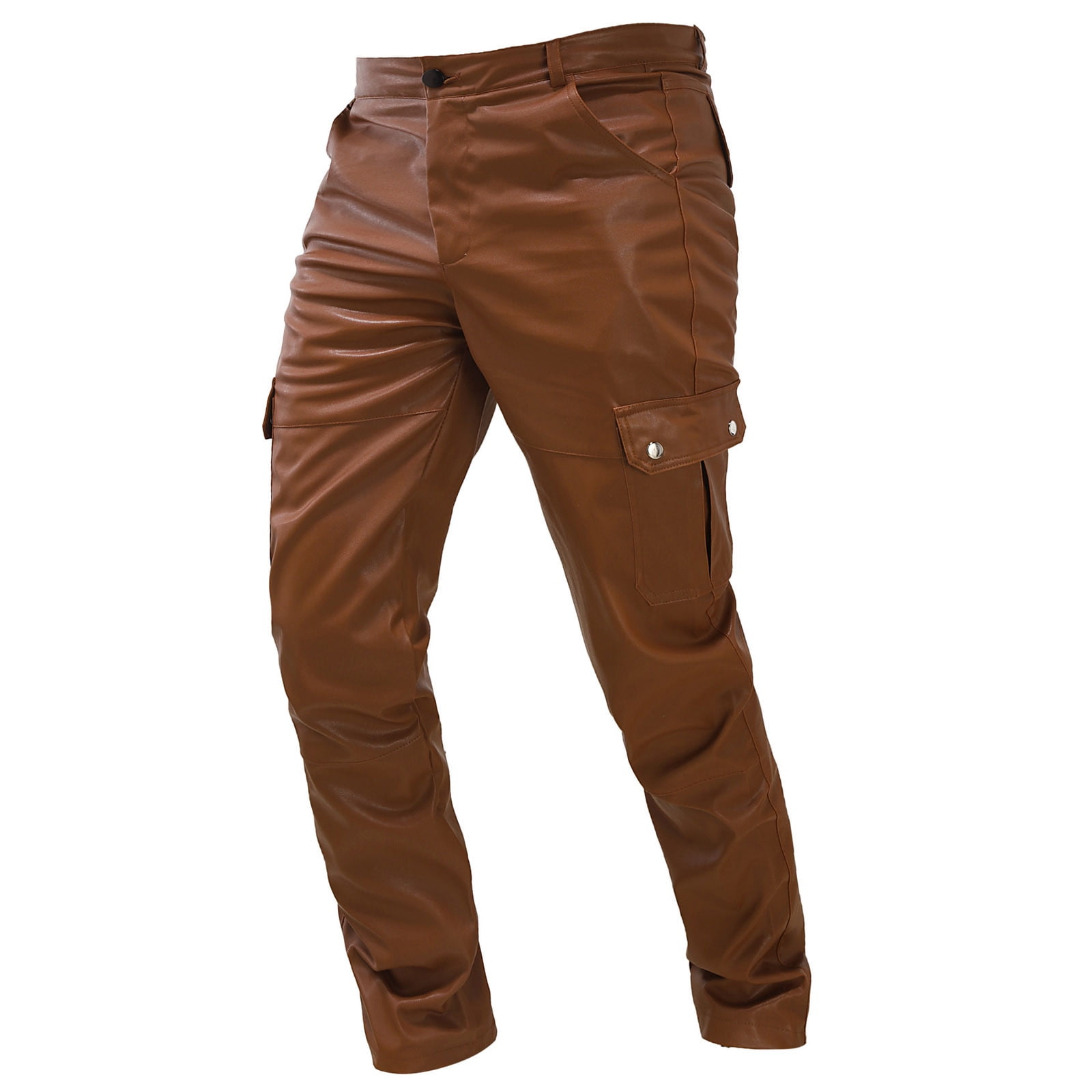 cllios Men's Faux Leather Pants Steampunk Goth Pants Multi Pockets Slim Fit Leather Pants Trousers for Men Motor Biker Hip Hop Trousers Brown M