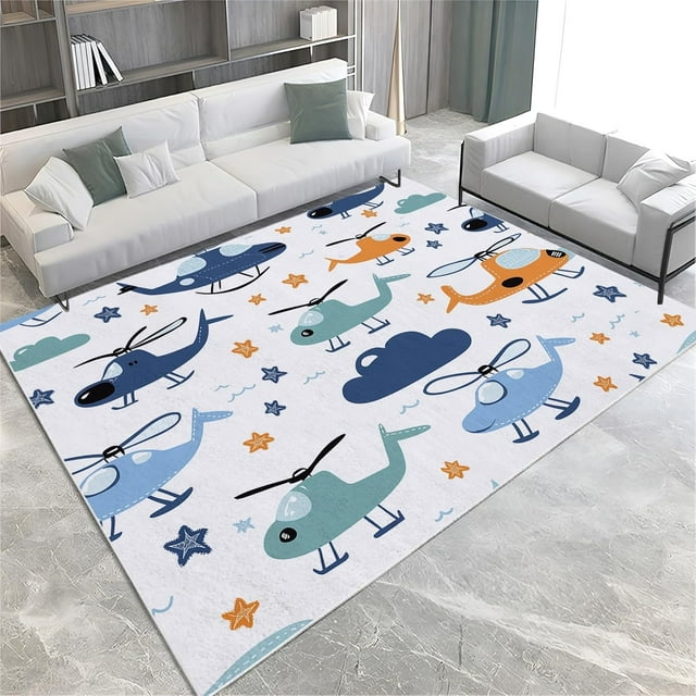 Washable Area Rug for Living Room 3x5 ft Cartoon Helicopter Stars 3D Print Decor Carpet, Non Slip Stain Resistant Large Area Rugs, for Bedroom Dining Room Office