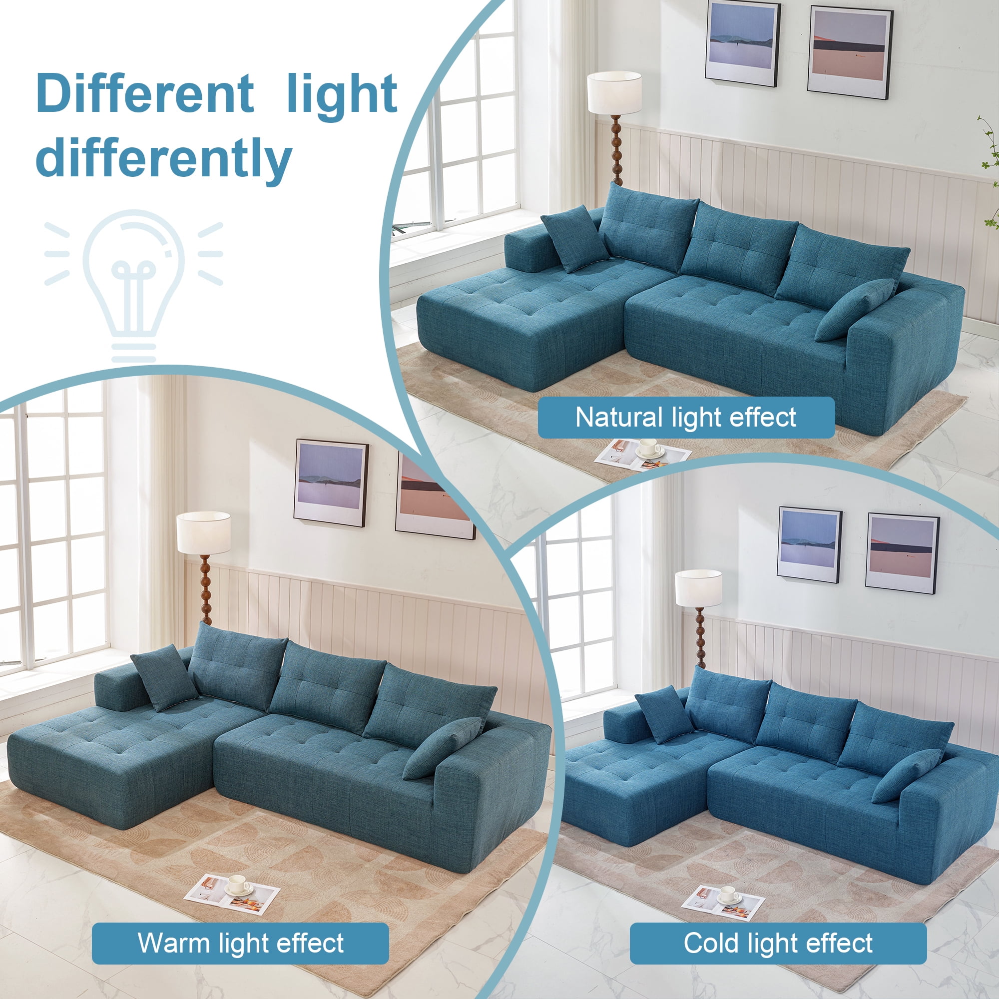 DEALTOPS Upholstered Sectional Sofa, Modern Convertible Modular Sofa Set, 110" L Shaped Sofa Couch, 2 Pieces Living Room Furniture Set, Blue