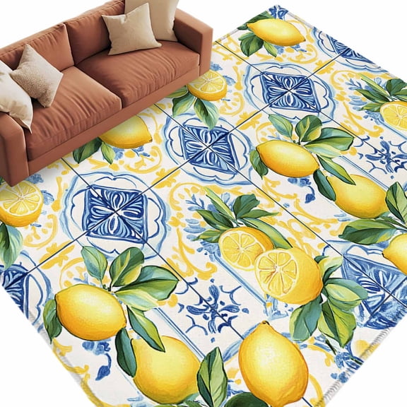 Botanical Lemon Large Area Rugs for Bedroom Living Room, Soft Non Slip Carpet Bedside Rug, Spring Countryside Floral Blue Tile Rectangular Floor Cover Kitchen Accent Rug 6'x9' for Dining Room/Office