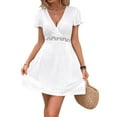 thumbnail image 3 of Women Summer Short Sleeve V Neck Dress A Line Hollow Out Lace Ruffle Casual Beach Dresses White XL, 3 of 9