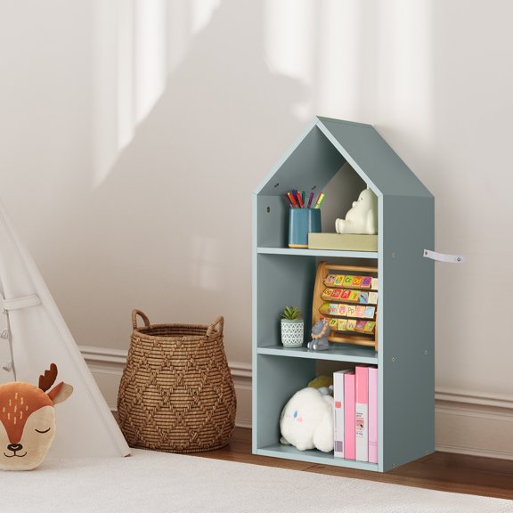 Tier Open Shelf Bookcase, Freestanding Shelves and Cube Organizer for Display - House Shape Blue