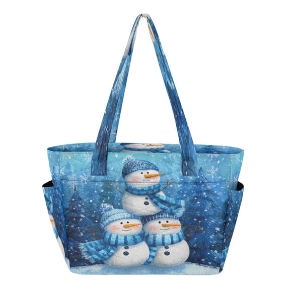 Quilted Tote Bag Large Capacity Multi-Compartment Handbag Lightweight Structured Shoulder Bag Versatile Casual Bag Three Lovely Snowmen Pattern
