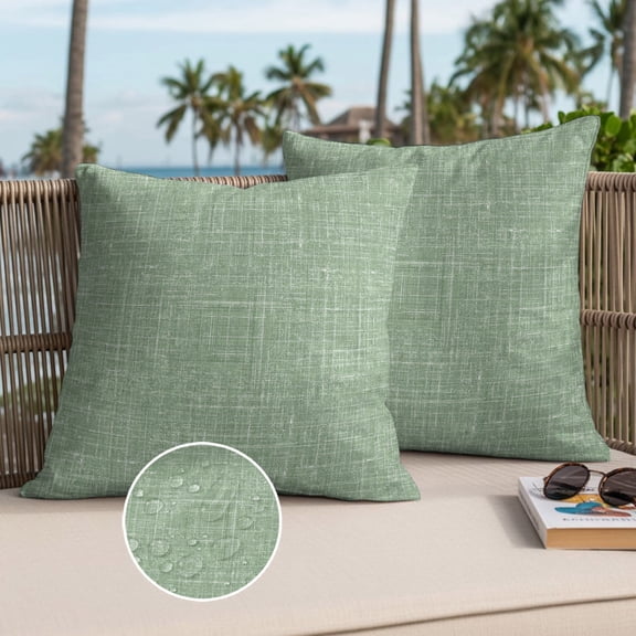Sage Green Outdoor Waterproof Throw Pillow Covers Set of 2, 18"x18", Abstract Modern Farmhouse Solid Color Decorative Pillow Covers Outside Cushion Case for Patio Porch Garden