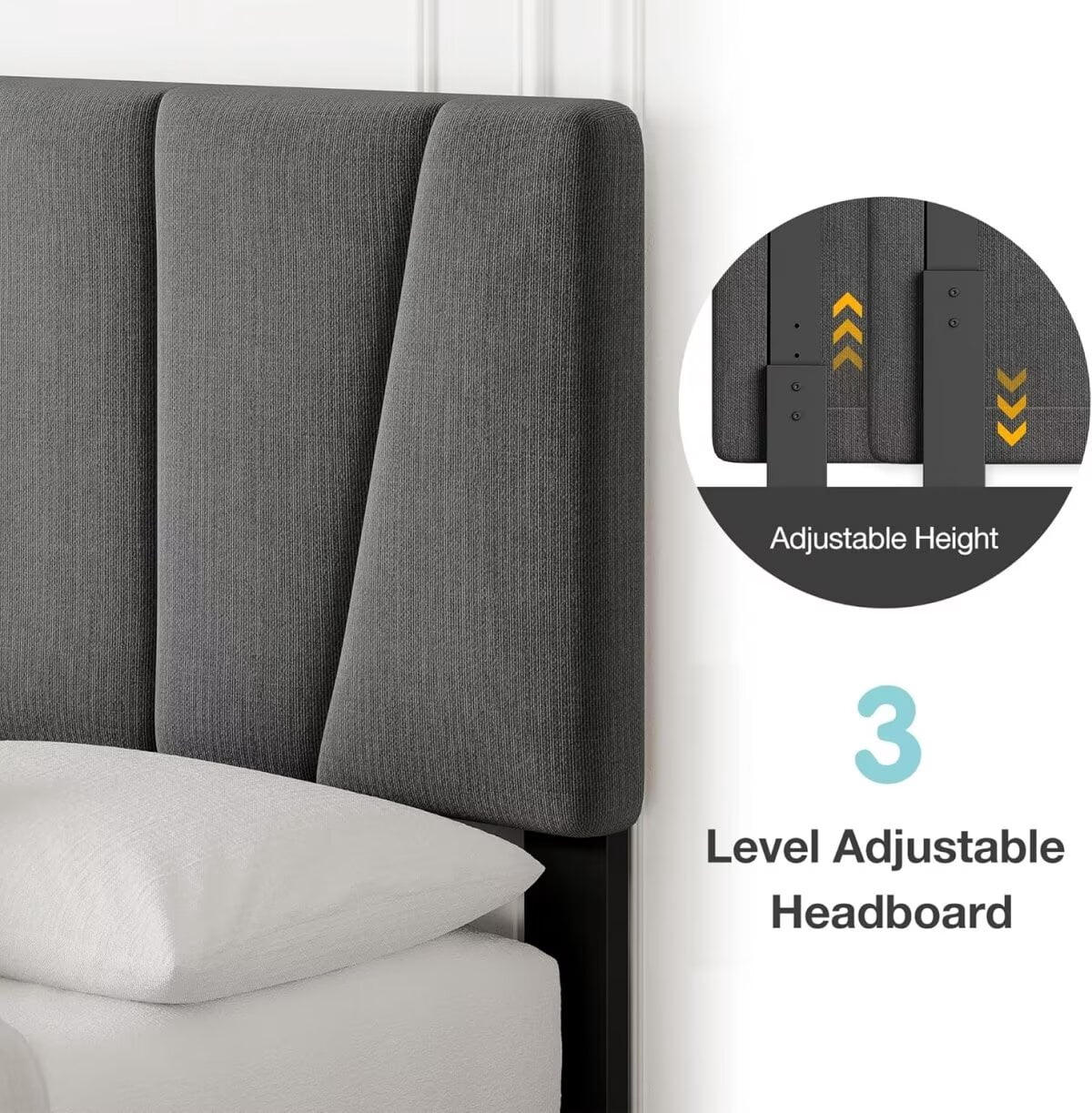 Queen Size Bed Frame with Adjustable Headboard, Upholstered Linen Platform Bed Frame with Strong Wooden Slats & Mattress Foundation, No Box Spring Needed, Easy Assembly, Dark Grey