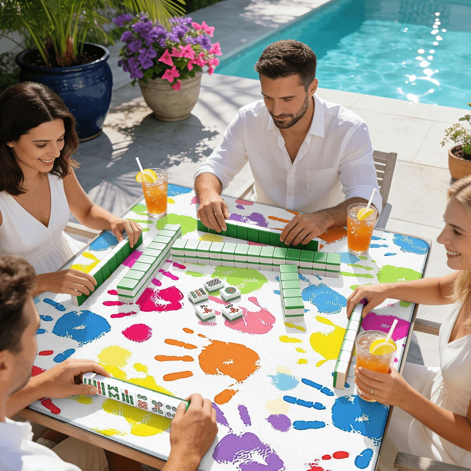Mahjong Mat 31.5" x 31.5" motherhandprint seamless Non-Slip Noise Reduction American Mahjong Tiles Table Cover for Dominoes Poker Card Board Games Gift