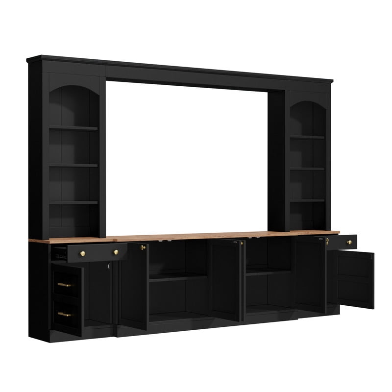 Farmhouse Arched Entertainment Center Wall Unit with Bookshelves, 106" Large TV Stand with Storage Cabinets and Drawers, Retro Wood Grain Media Console for TVs Up to 70"