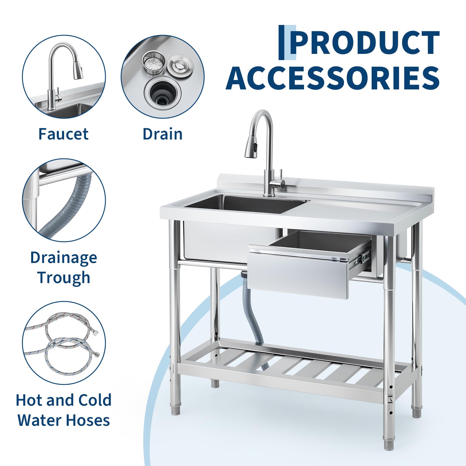 Commercial Stainless Steel Kitchen Sink Prep Counter with Pull-out Faucet, 39" Freestanding Single Bowl Utility Sink with Workbench & Drawer Storage for Laundry, Farmhouse & Outdoor Use