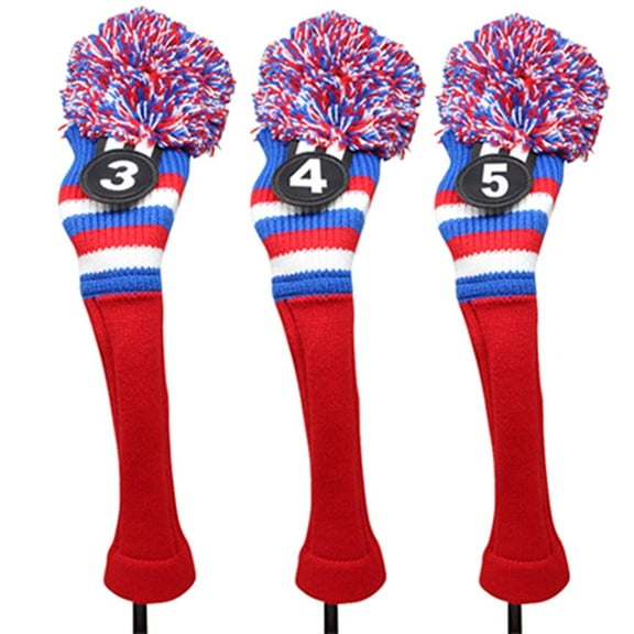 Majek Golf Red White Blue 3 4 5 Hybrid Set Headcovers Pom Pom Knit Limited Edition Vintage Classic Traditional Flag Retro Head Cover 3-5 Set