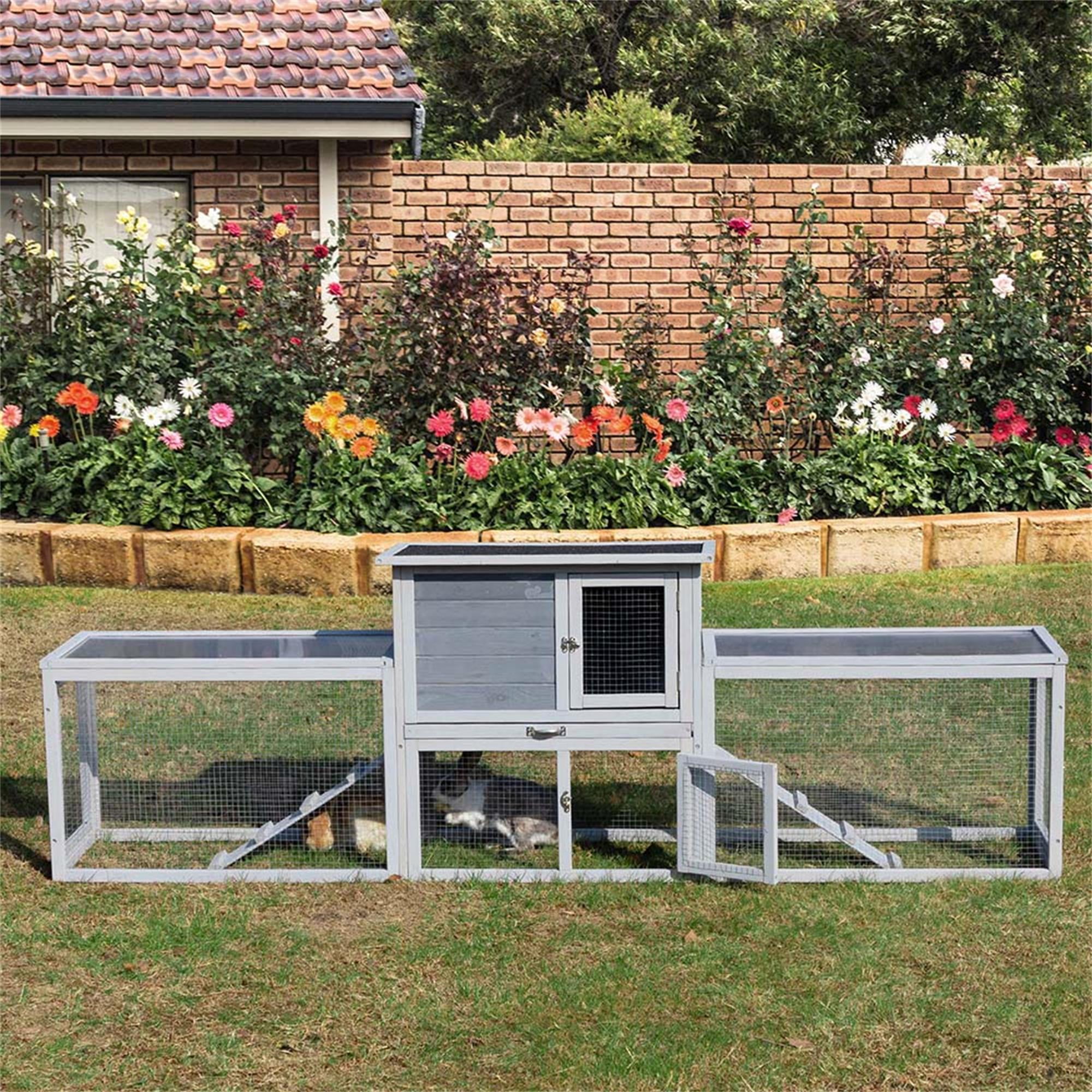 Kadyn 94" Large 2-Story Rabbit Hutch with Run, Wooden Bunny Enclosure for 4-6 Rabbits, Backyard or Urban Chicken Coops, Gray