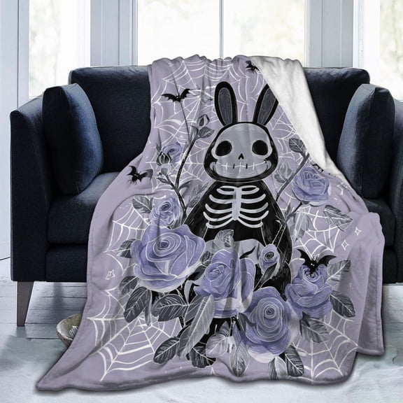 Pastel Goth Bunny Blanket, Spooky Cute Skeleton Art,Soft Flannel Fleece for Edgy Home & Halloween Decor 50x40