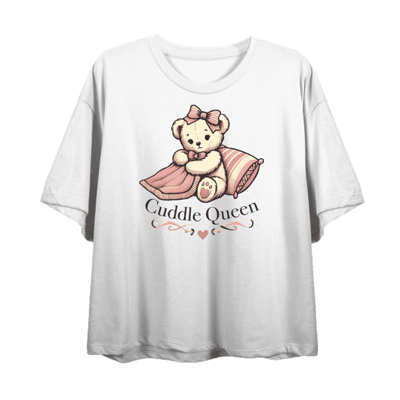 Cuddle Queen Women's White Crew Neck Short Sleeve Crop Tee-Medium