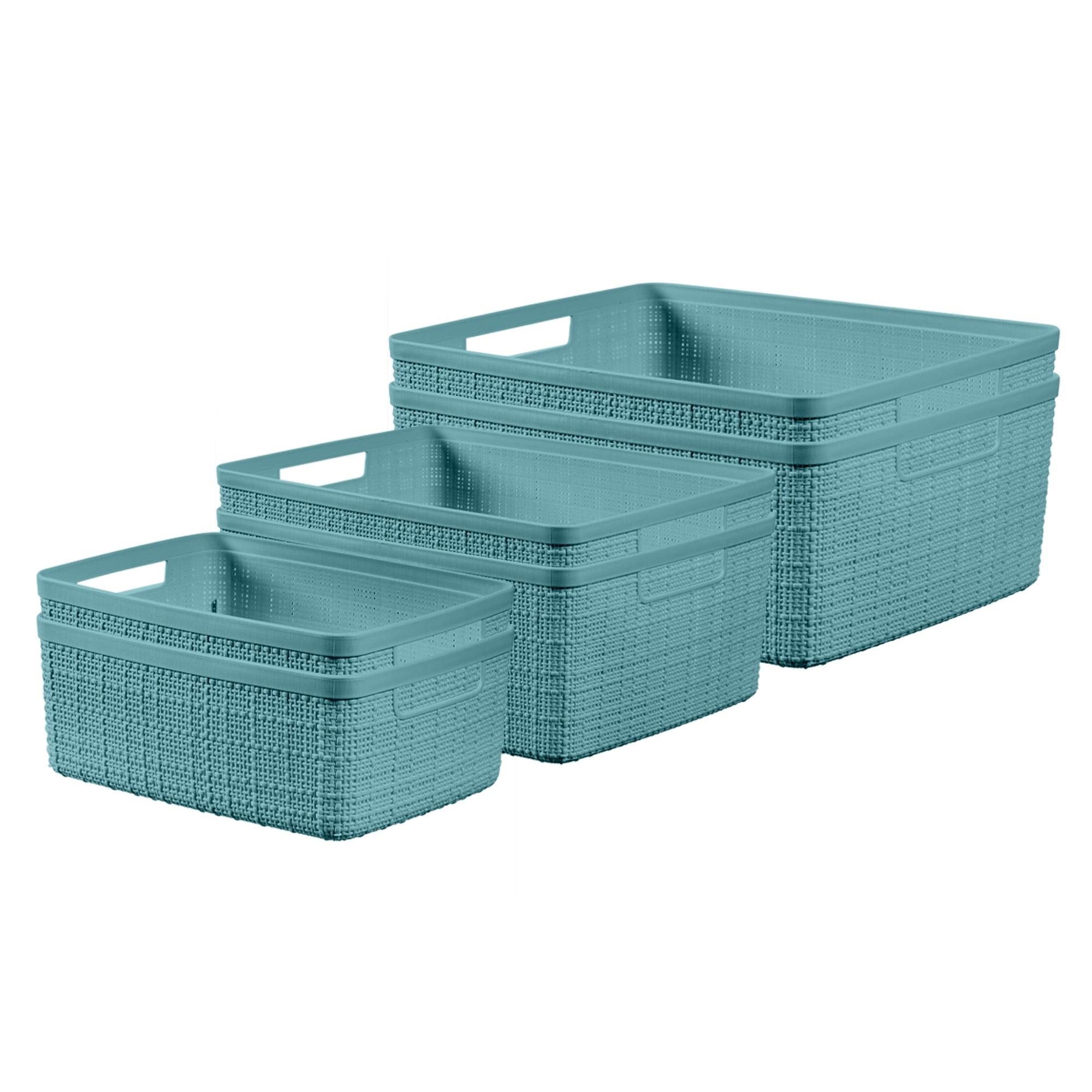 Curver Jute Basket 3pc Set, Resin Plastic Storage Bin, Aqua Slate, 2