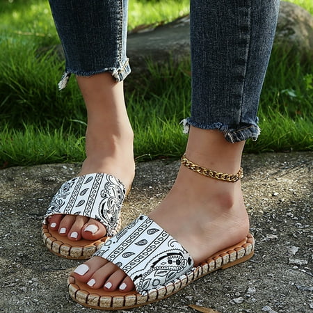 

〖Yilirongyumm〗 White 42 Slippers For Women Flat-Bottom Printed Fashion Women s Size Large Rope One-Floor Tow Slippers Women s Slipper