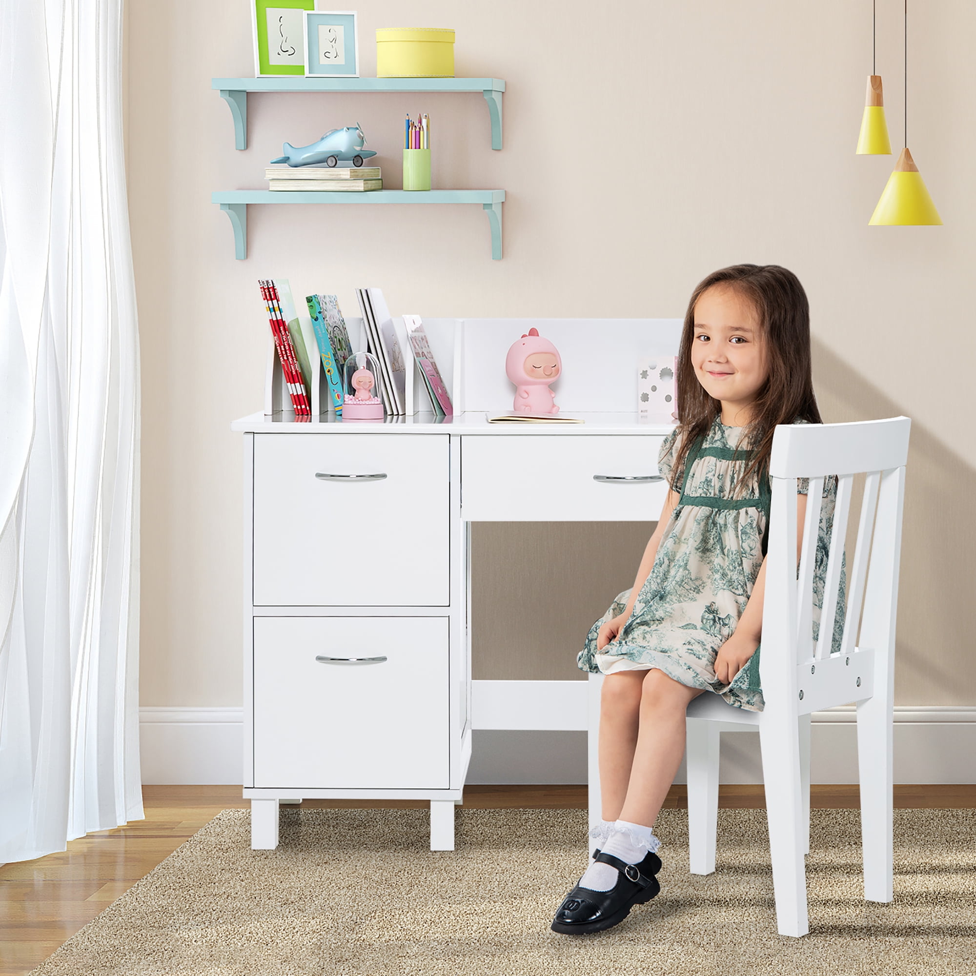 Costway Kids Wooden Study Desk & Chair Set - Preschool Costway Kids Wooden Study Desk & Chair Set - Preschool