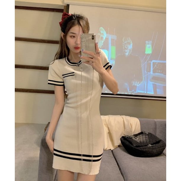 VISgogo Vestido de punto francés de verano para mujer, minivestido corto ajustado de manga corta con cuello redondo y estampado a rayas VISgogo moda