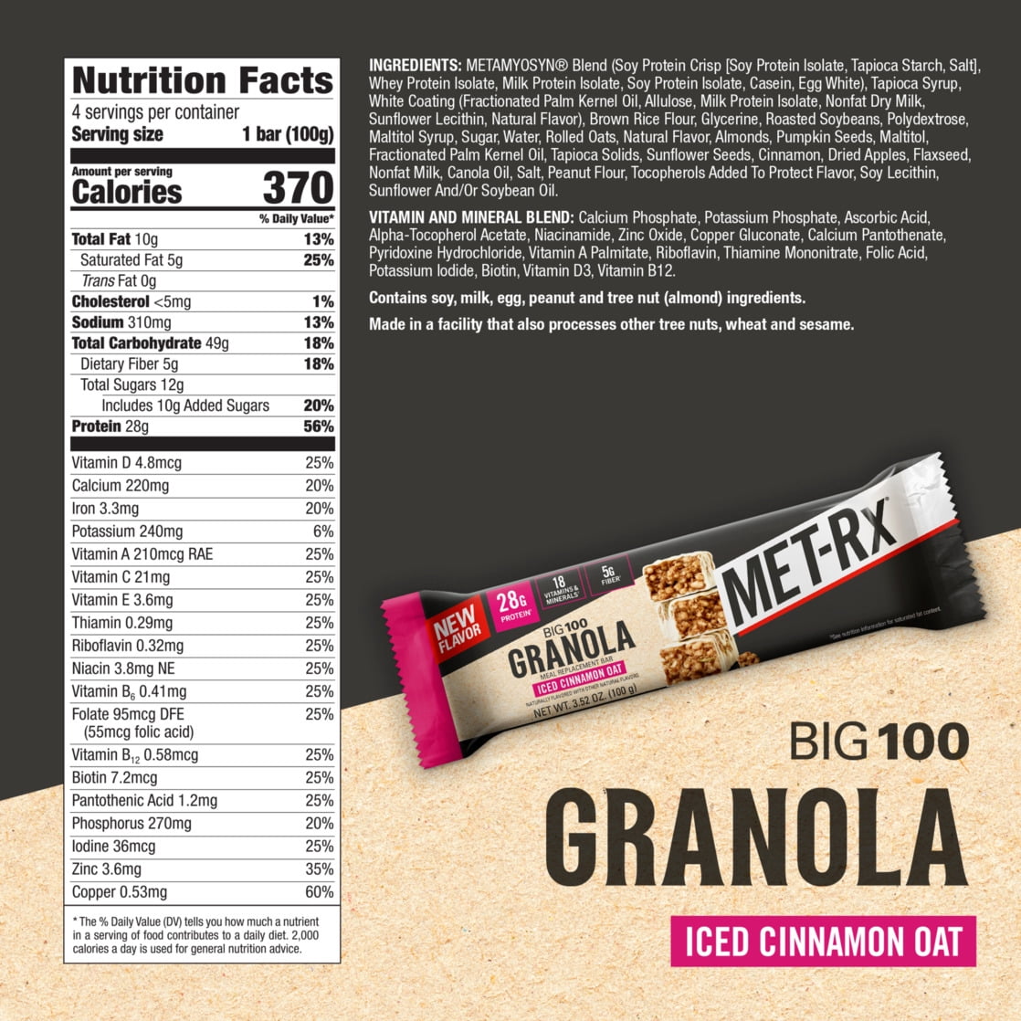 MET-Rx Big 100 High Protein Meal Replacement Bars, Iced Cinnamon Oat Granola, 28g Protein, 3.52 oz, 4 Count