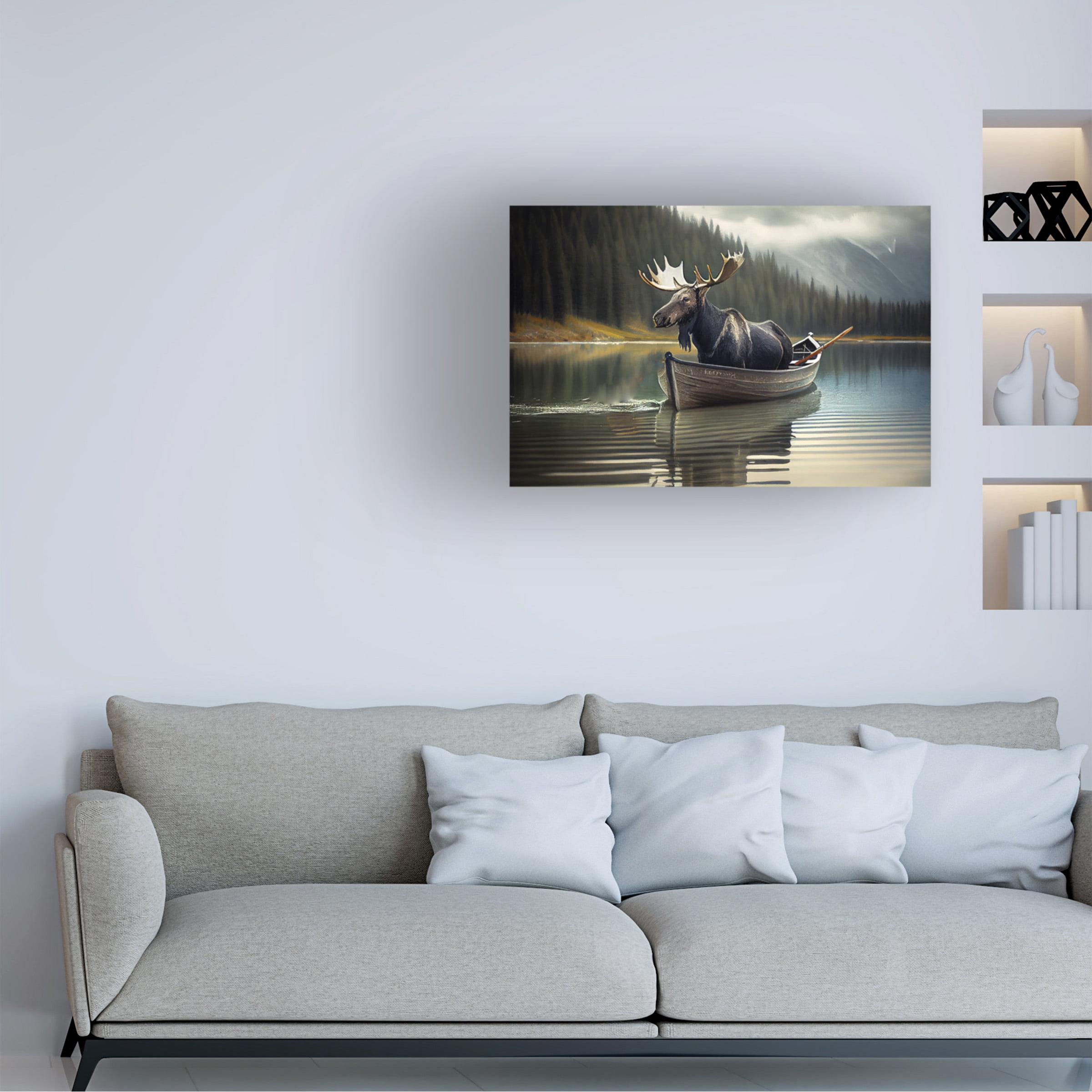 Canvas Wall Art - Sasha 'Moose Canoe' Wall Art for Living Room, Bedroom, or Office Décor by Trademark Fine Art - 32 x 22 Inches