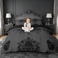 thumbnail image 2 of meiyoeat Gothic Spooky Skull Duvet Cover King,Retro Damask Victorian Flowers King Bedding, Black Gray,Black Reversible,3-Piece(No Comforter), 2 of 6