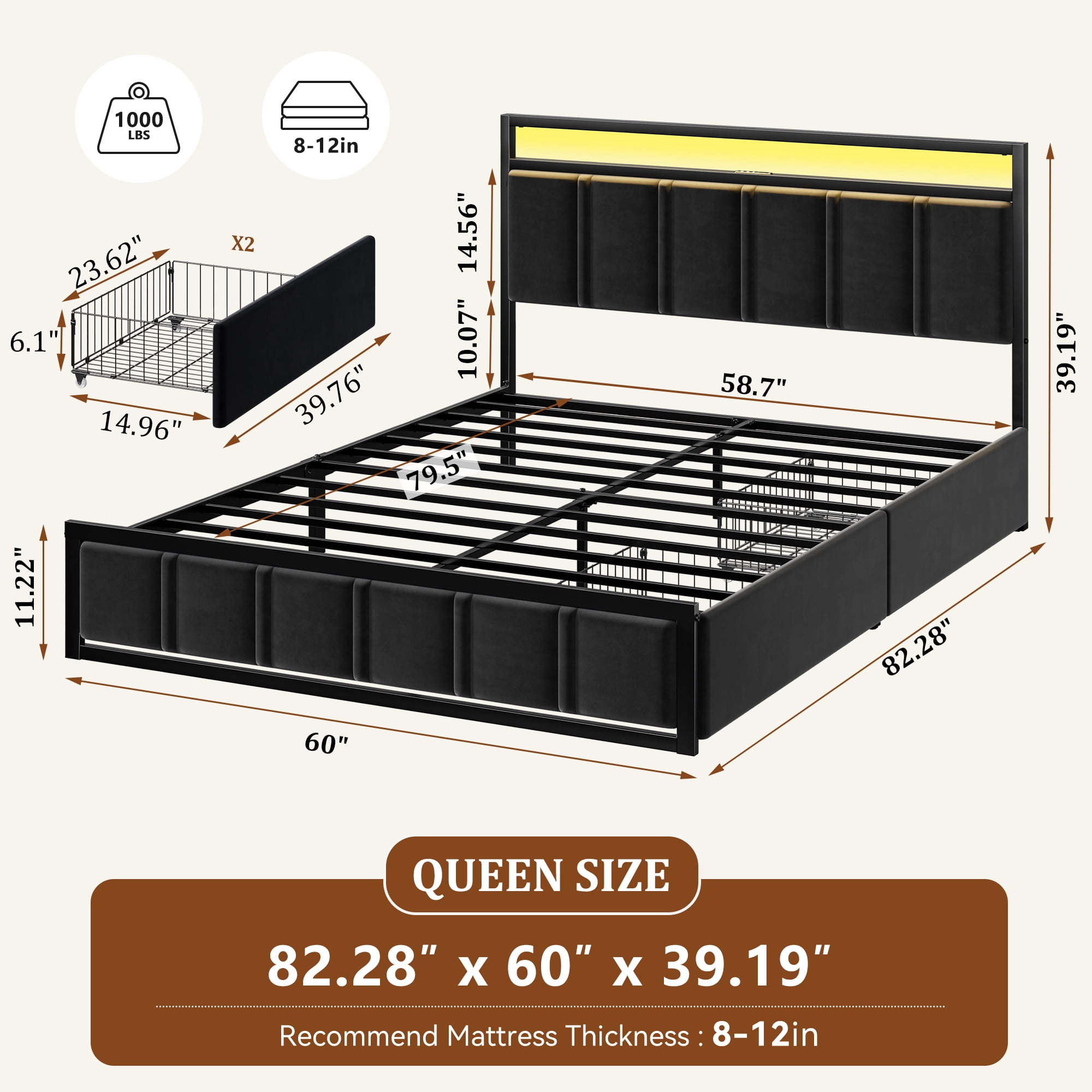 GUNAITO Queen Bed Frame with Headboard, Platform Bed with 2 Drawers, Velvet Upholstered Bed Frame with LED Lights & Charging station，Black
