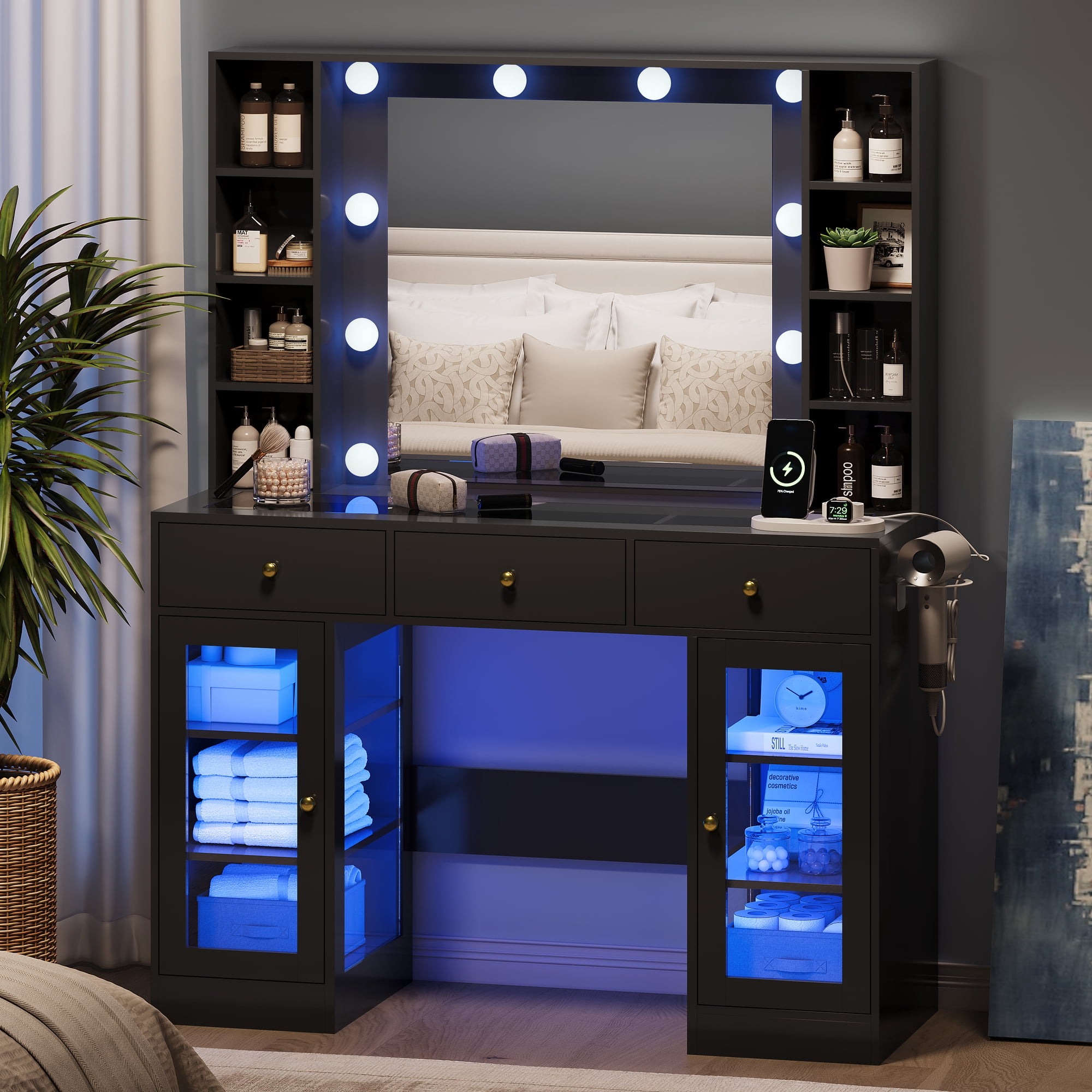 Vanity Desk with Mirror and Lights, Glass Top Vanity with Lighted Mirror & RGB Glass Cabinet and 3 Drawers, Makeup Vanity Desk with Lights Dressing Table for Bedroom, 3 Color Modes