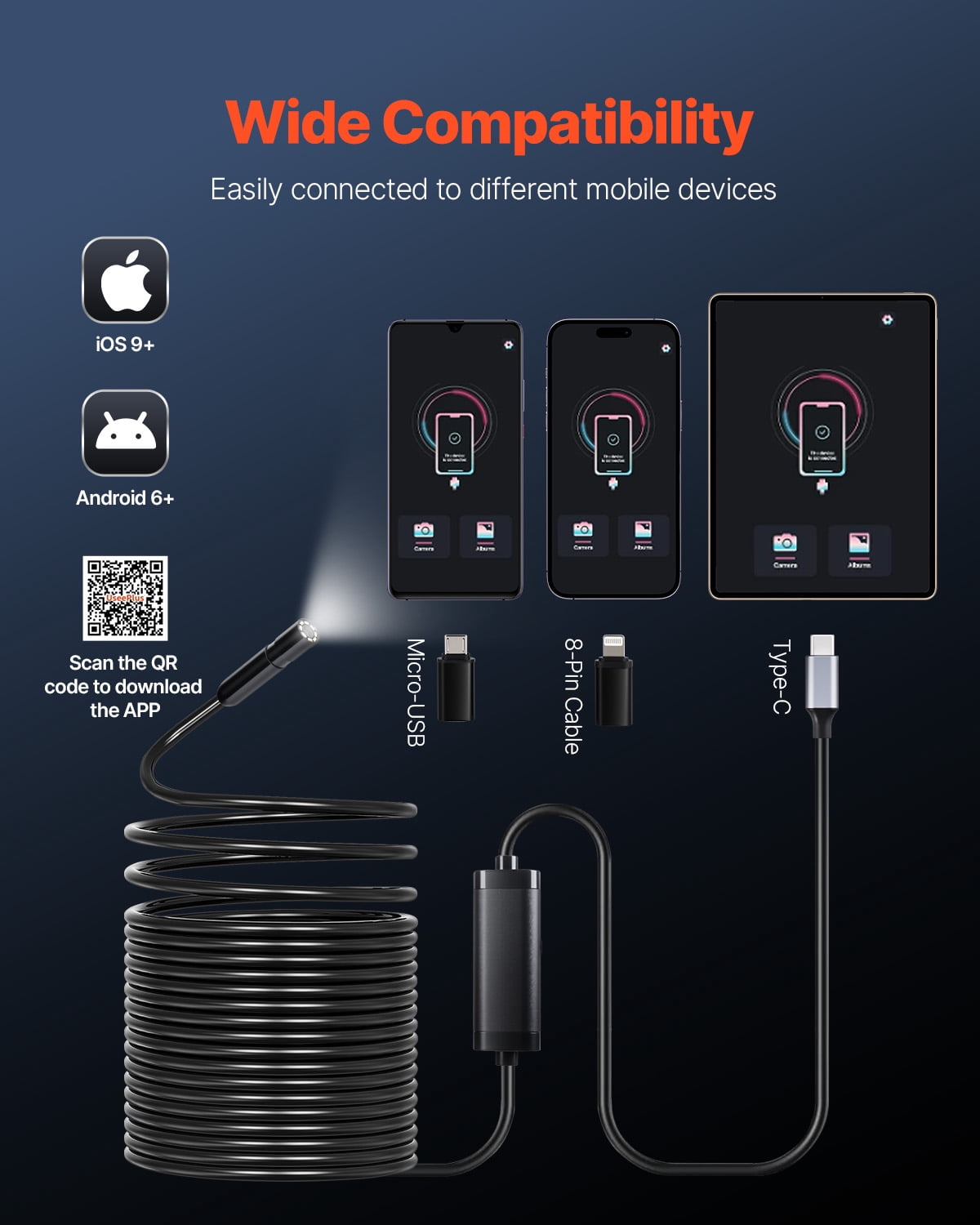 VEVOR Endoscope Camera with 49.2FT Semi-Rigid Cable, 1920P HD Borescope for Android & IOS, Industrial Inspection Camera with Light - 8 LED, 2X Zoom, IP67 Waterproof Snake Camera for Auto, Plumbing