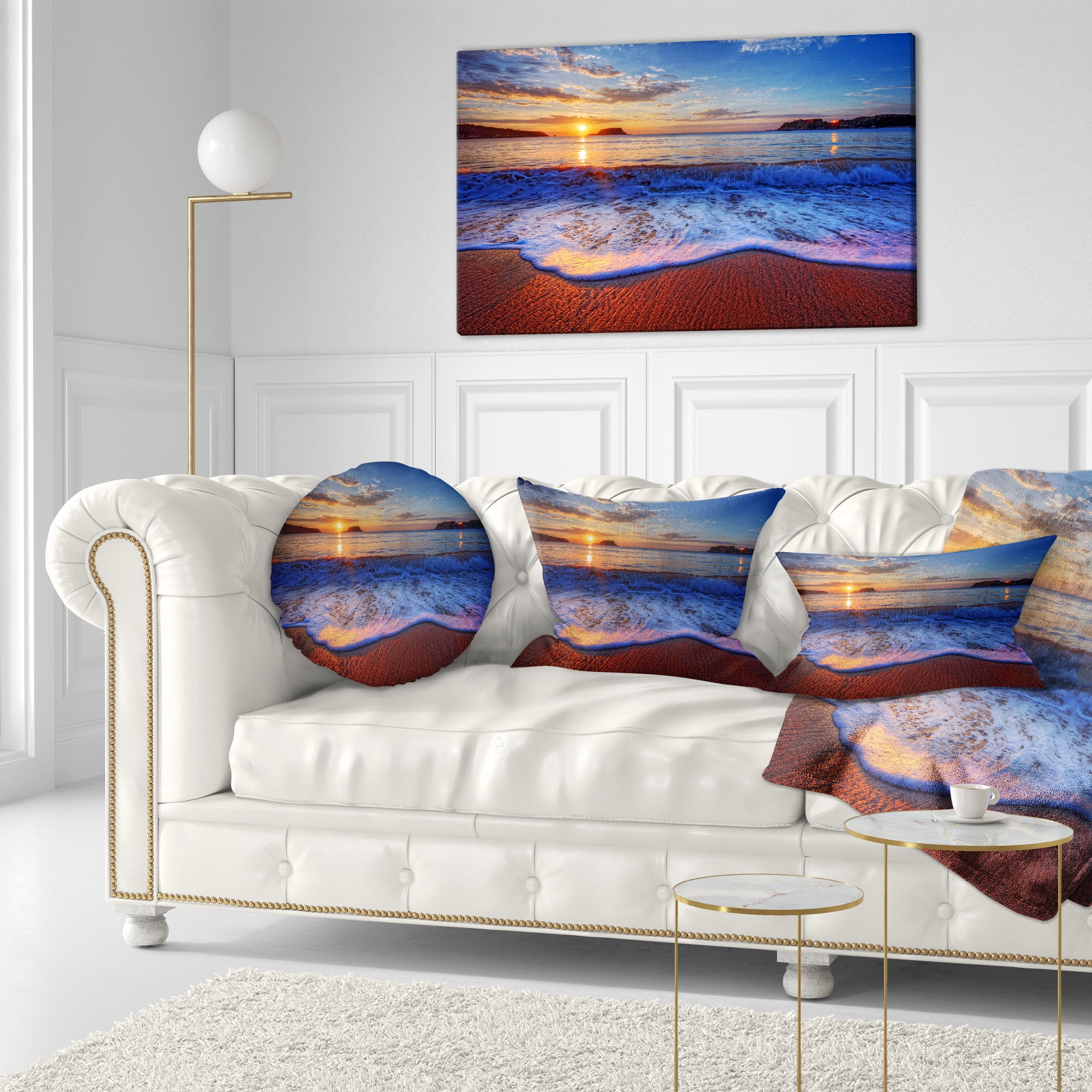 Designart Blue Waves on Sandy Beach - Seashore Throw Pillow - 12x20