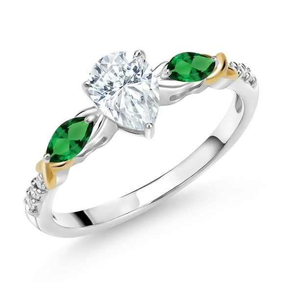 Gem Stone King 925 Silver 10K Yellow Gold Pear Shape White Moissanite Green Nano Emerald and White Lab Grown Diamond Engagement Ring for Women (1.16 Cttw, Size 6)