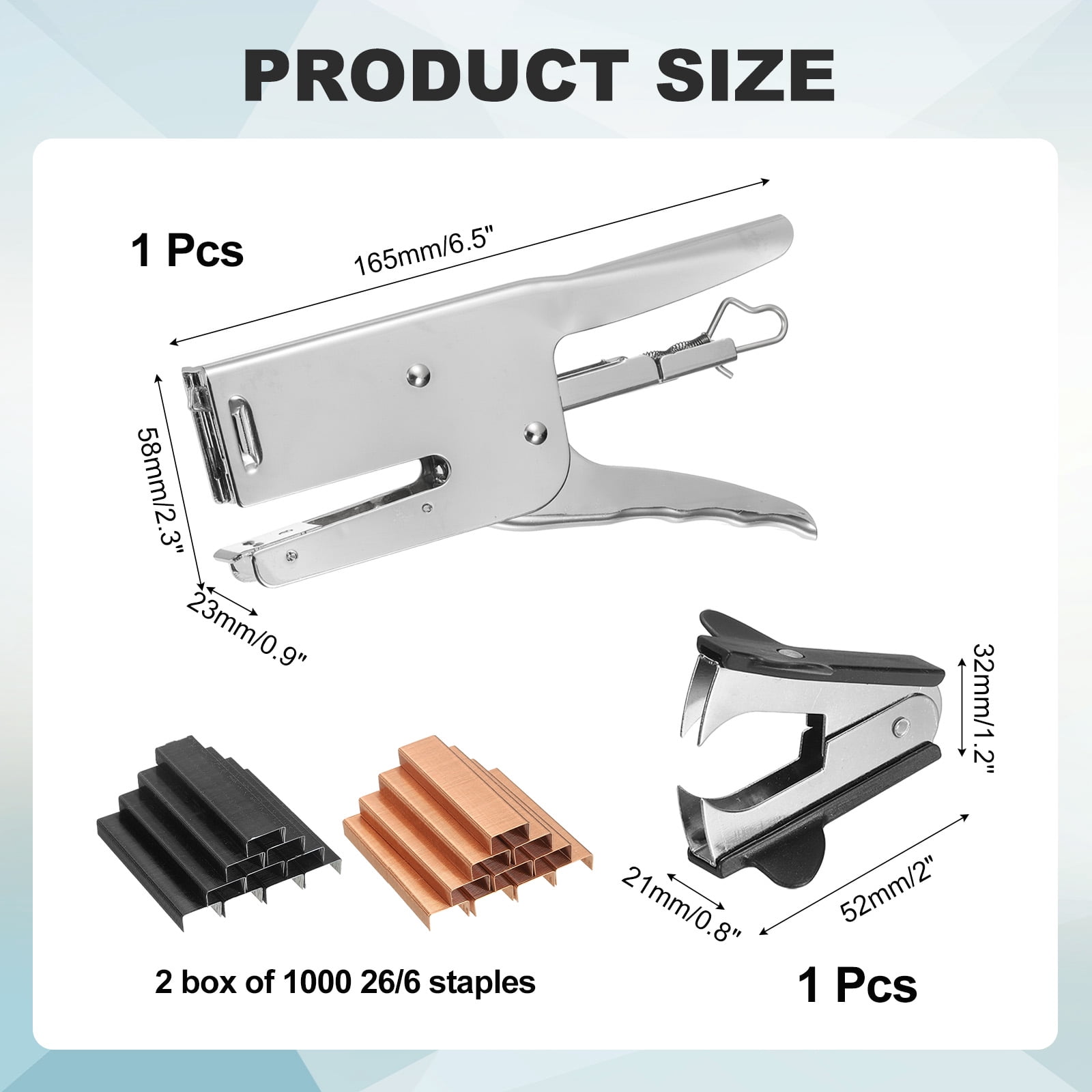 Desktop Stapler Heavy Duty, 1 Set Handheld Plier Stapler No Jam with Staples Remover and 2000 Black & Rose Gold 26/6 Staples Set for Office Supplies Workplace Paperwork Cardboard, Silver