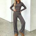 thumbnail image 2 of Lounge Sets for Women 2 Piece Outfits Striped Long Sleeve Lapel Top and Casual Wide Leg Pants Fall Trendy Two Piece Suit, 2 of 9