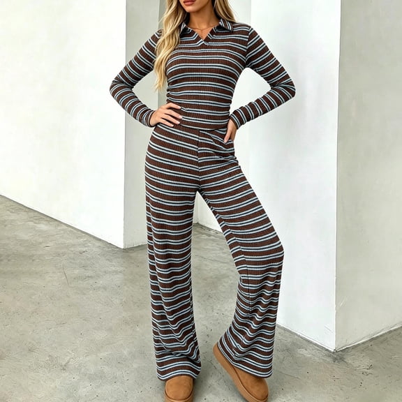 LEKWK Matching Workout Sets for Women Striped 2 Piece Lounge Set V Neck Long Sleeve Slim Crop Top and Wide Leg Pants Fall Winter Casual Sleepwear
