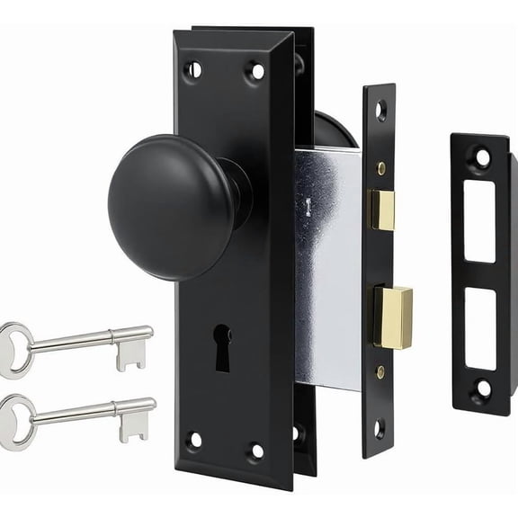 Vinta Mortise Lock Set for Interior Doors Antique Door Knobs with Heavy Duty Rustproof Zinc Alloy & Skeleton Key, Fits 1-3/8" to 1-3/4" Entryway Replacement, Matte Black