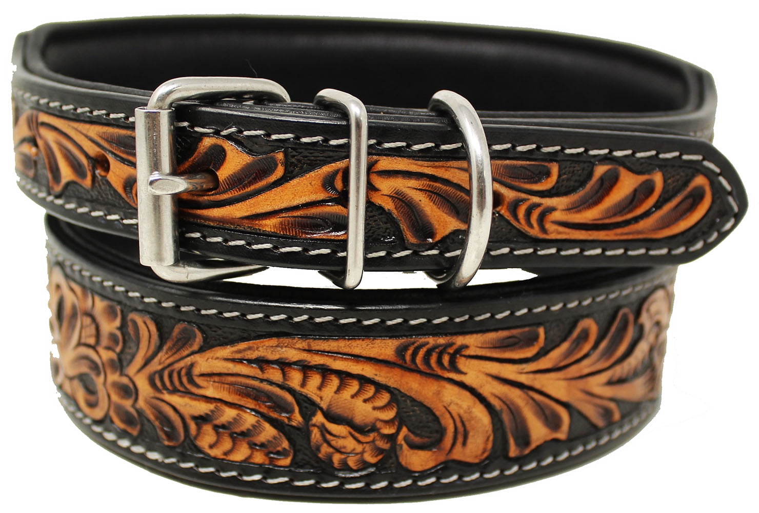 Large 21''- 25''  Heavy Duty Padded Leather Floral Tooled Dog Collar 60FK10