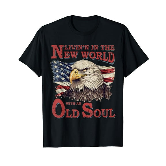 Living In The New World With An Old Soul America Flag Retro Black T-Shirt