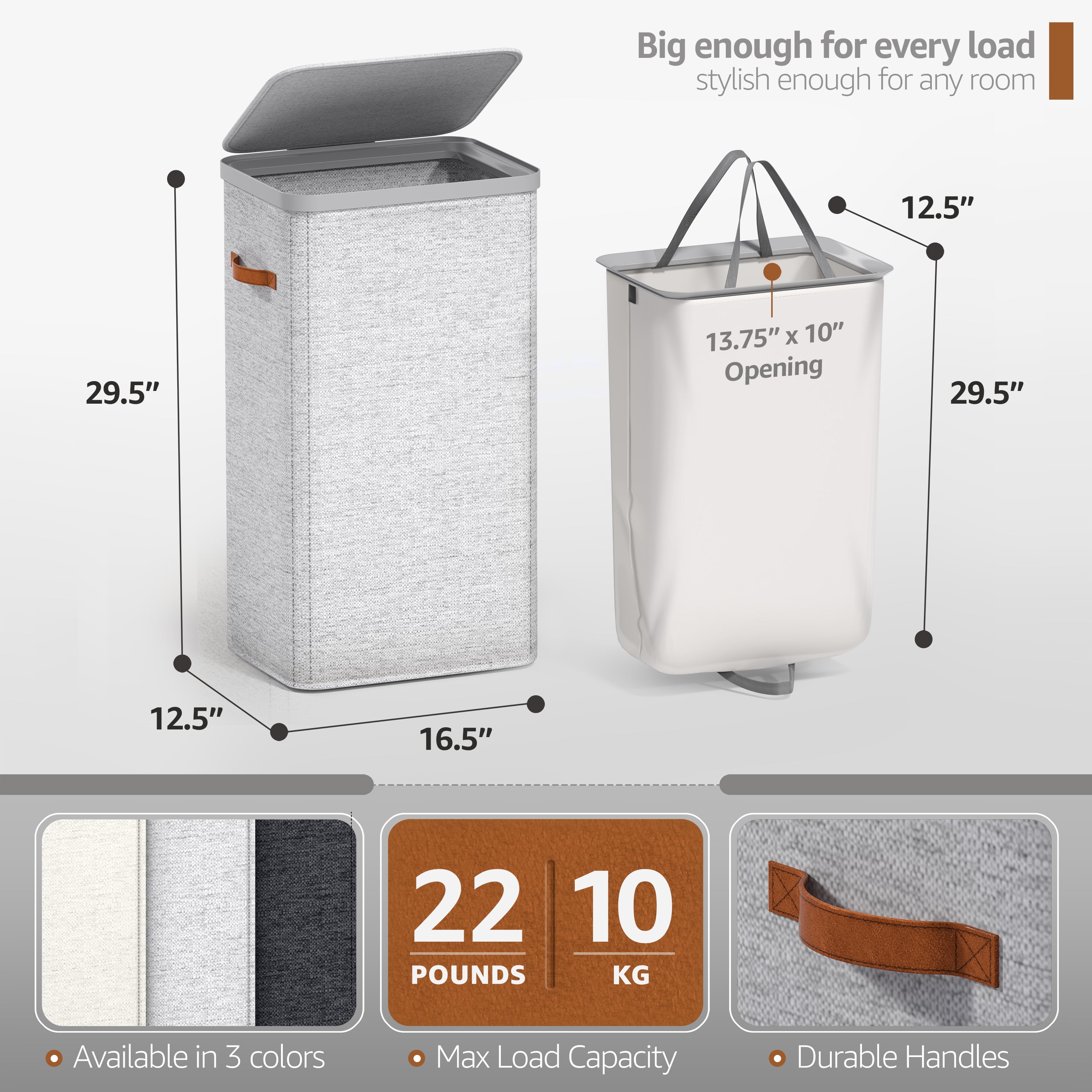 Sorbus Collapsible Fabric Laundry Hamper 2-Pack with Removable Bag, 1 Compartment, Gray