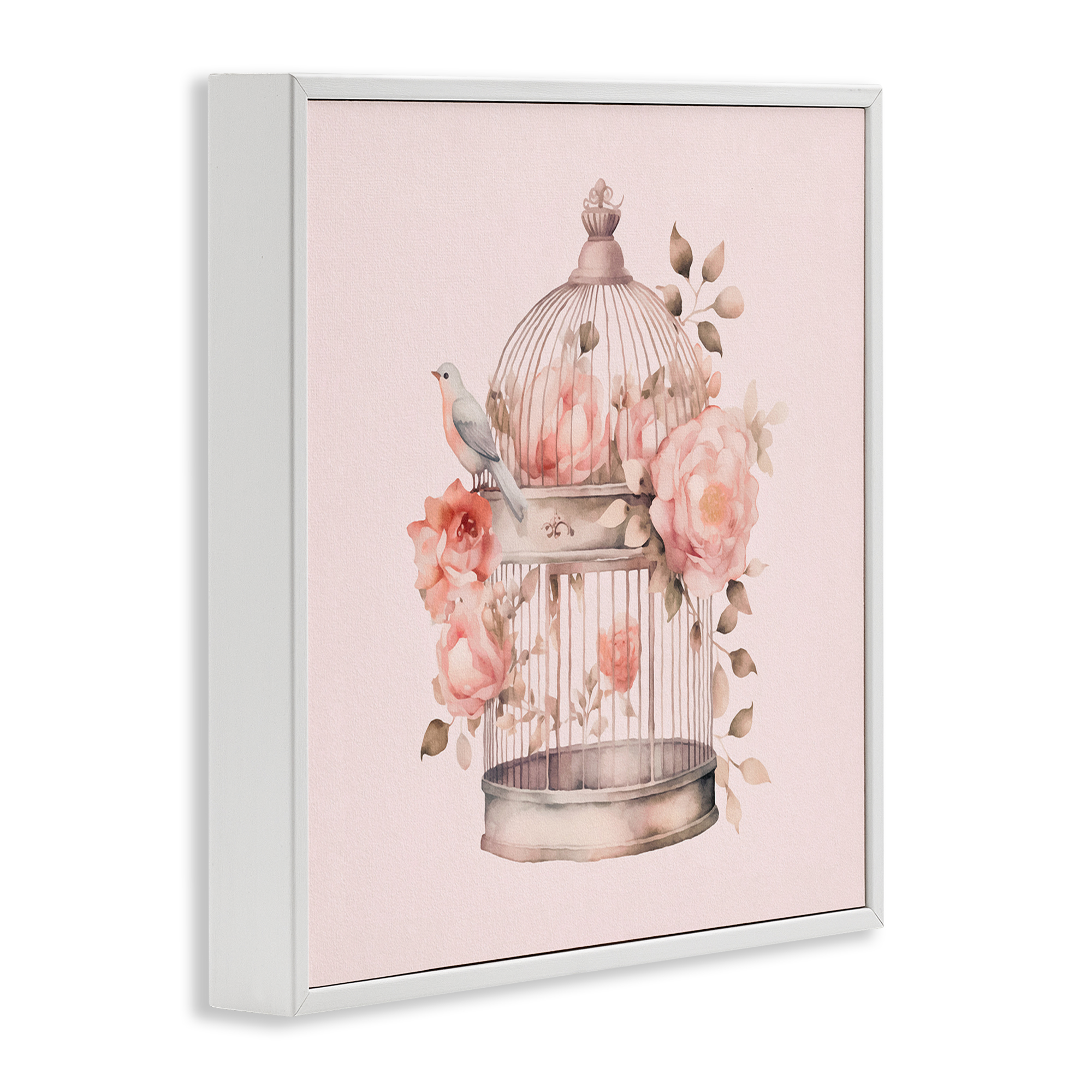 Stupell Industries Bird Cage with Rose Blooms Botanical & Floral Painting White Framed Art Print Wall Art, 24 x 24