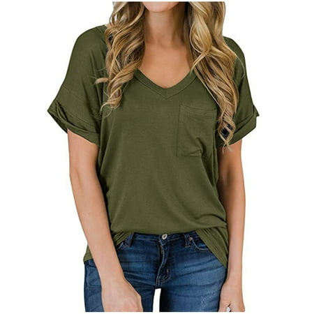 

Casual T-Shirt for Women Summer Short Sleeve Tee Shirts Basic V-Neck Solid Color Tunic Tops with Pocket