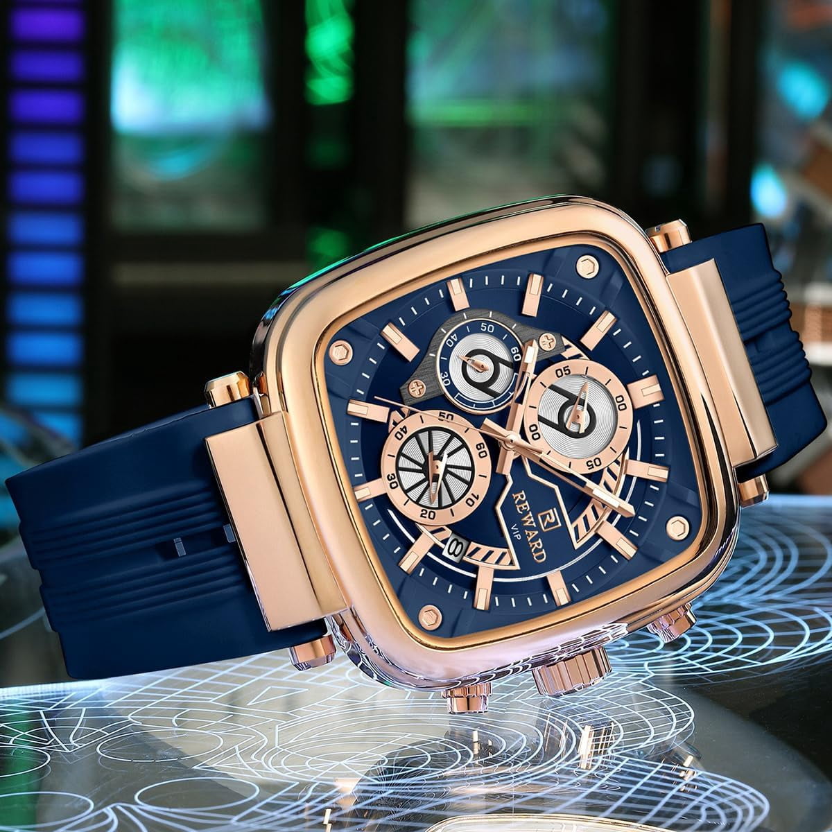 Square Watches for Men, Blue Silicone Chronograph Calendar, Fashion Sports Watch, Luminous Waterproof, Casual Wrist Watches, Rose Gold Case