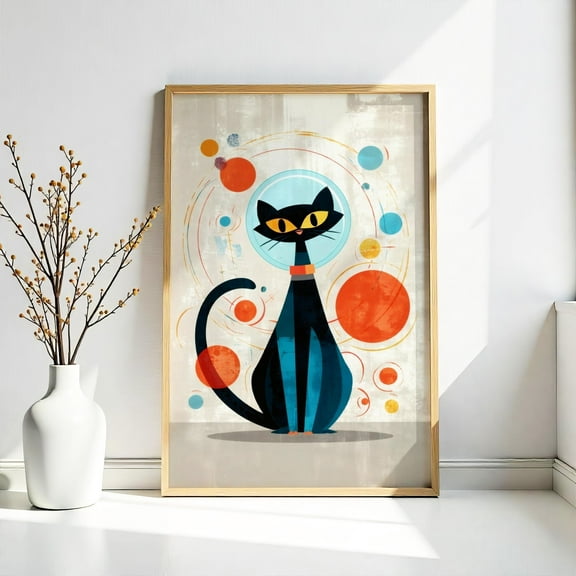 WestConfe Atomic Black Cat Poster, Retro Midcentury Modern Cat Wall Art, Whimsical Space Cat Poster, Vintage Cat Decor