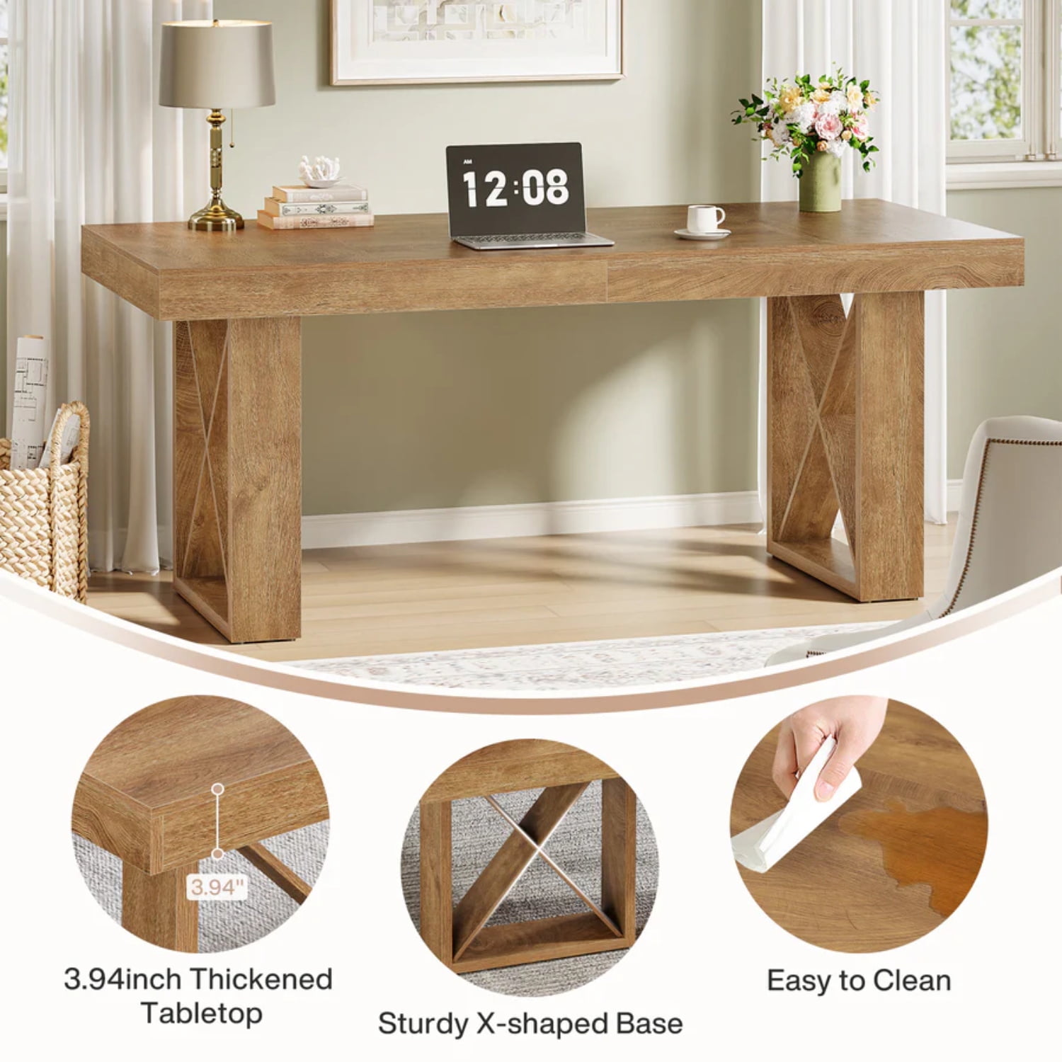 Demi Bonn 62" Large Wooden Computer Desk, Office Writing Table, Spacious Workstation for Home Office, Brown