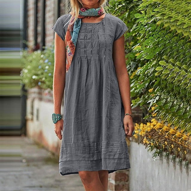 YUTK Robes d'Été Courtes pour Femmes en Liquidation Robe pour Femme à Col Rond à Manches Courtes Plissée Unie en Coton et Lin Coupe Ample Gris Foncé 4TG