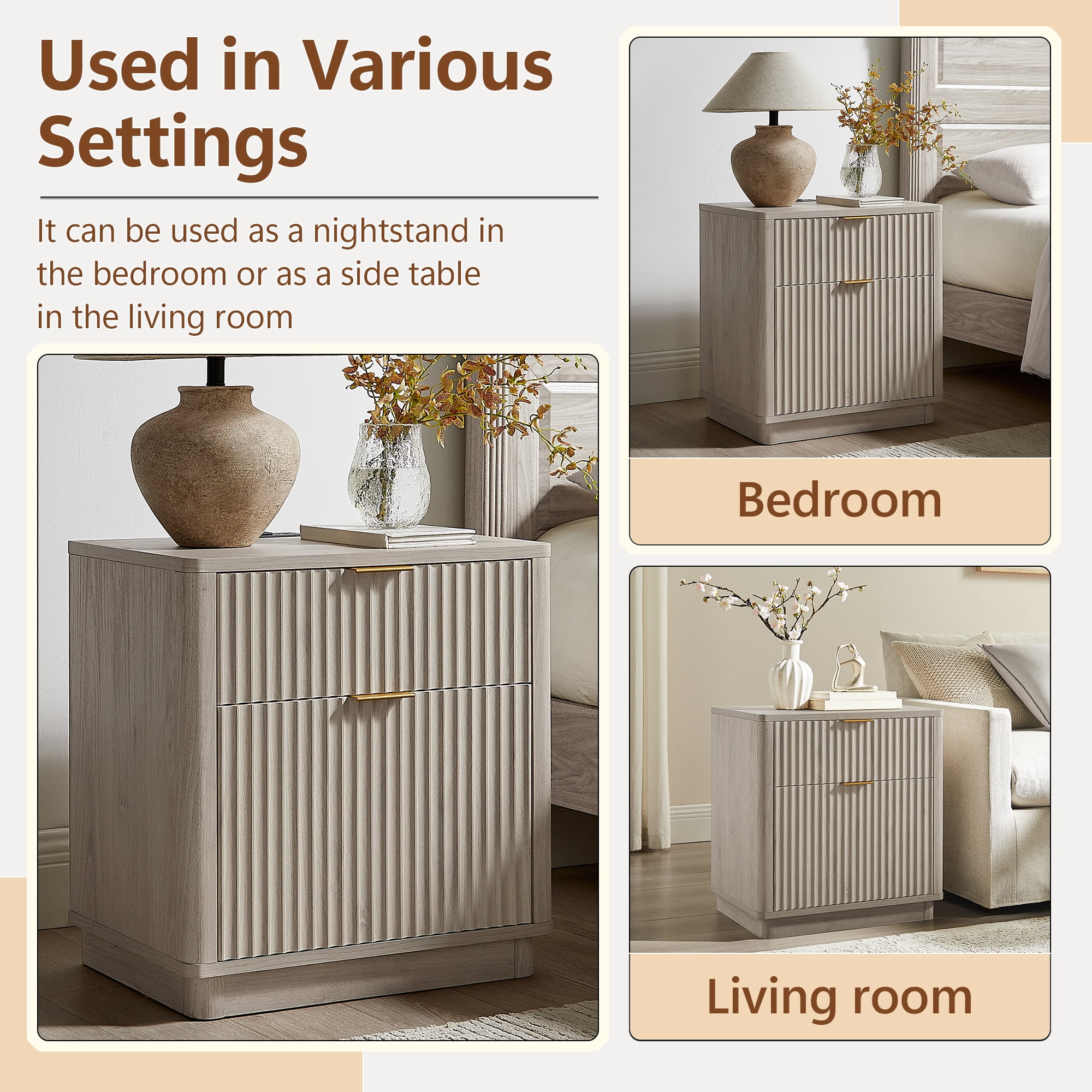 KeyWhat 23" Fluted 2-Drawer Nightstands Set of 2 with Charging Station & Curved Edges