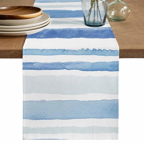Blue White Table Runner 72 Inches, Modern Watercolor Abstract Ombre Striped Bed Runner Dresser Scarves Tabletop for Indoor Outdoor Parties/Ceremony/Banquet, 14" x 72"