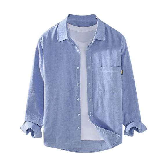 Xudanell Cotton Linen Button up Shirt Casual Stylish Long Sleeve Business Dress Shirts for Mens (Light Blue,XL)