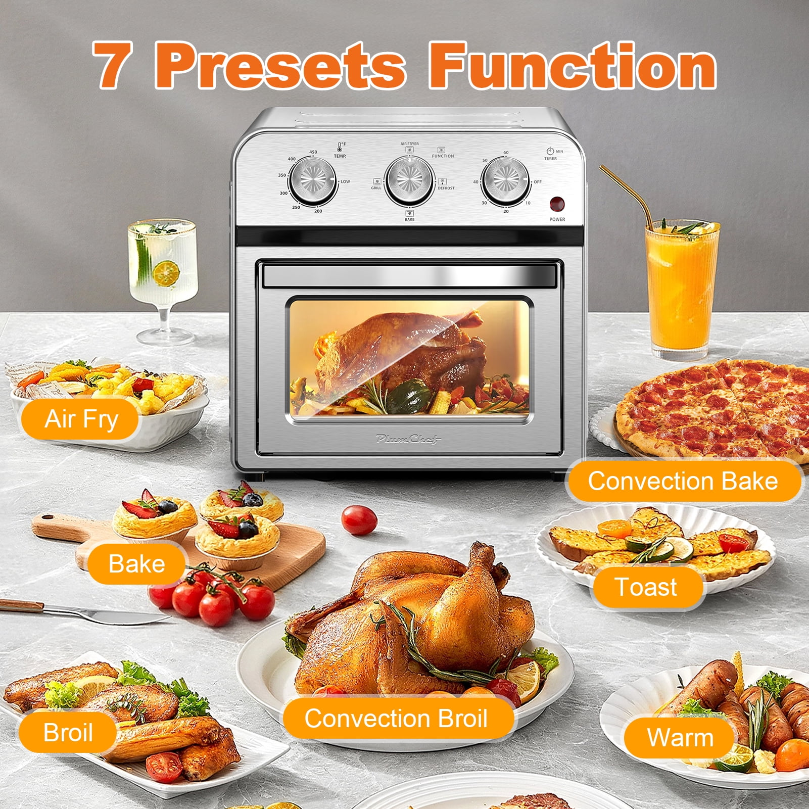 Plum Chef 13QT Air Fryer Toaster Oven Combo, 7-in-1 Multifunctional Countertop Oven with 360° Hot Air Circulation for Healthy Oil-Free Cooking, Family Size, Stainless Steel, Silver
