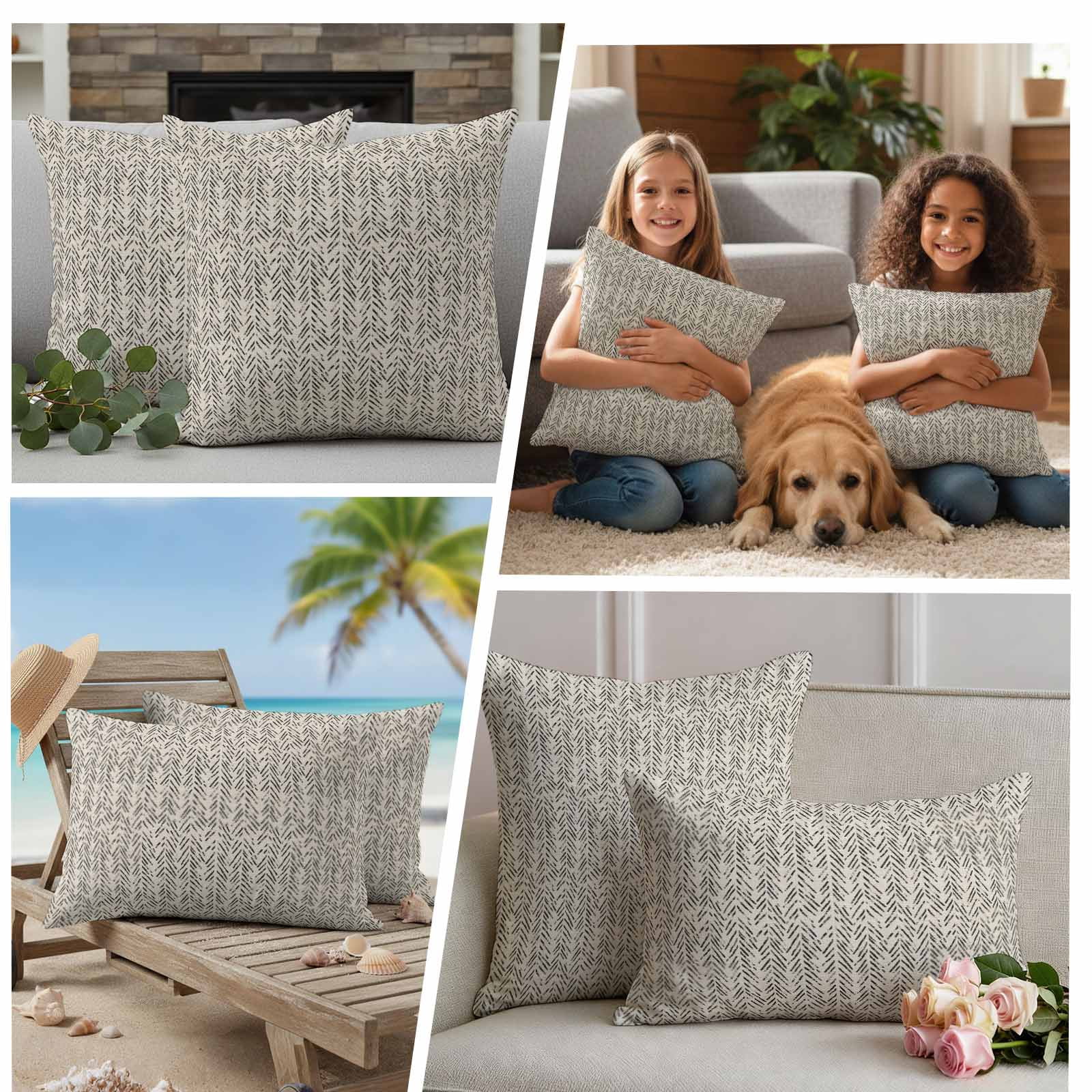 Beige Black Striped Outdoor Waterproof Pillow Covers, Abstract Modern Art Irregular Stripe Decorative Square Throw Pillowcase Sofa Cushion Sham for Patio/Couch/Chair, 20"x20" 2 Pack