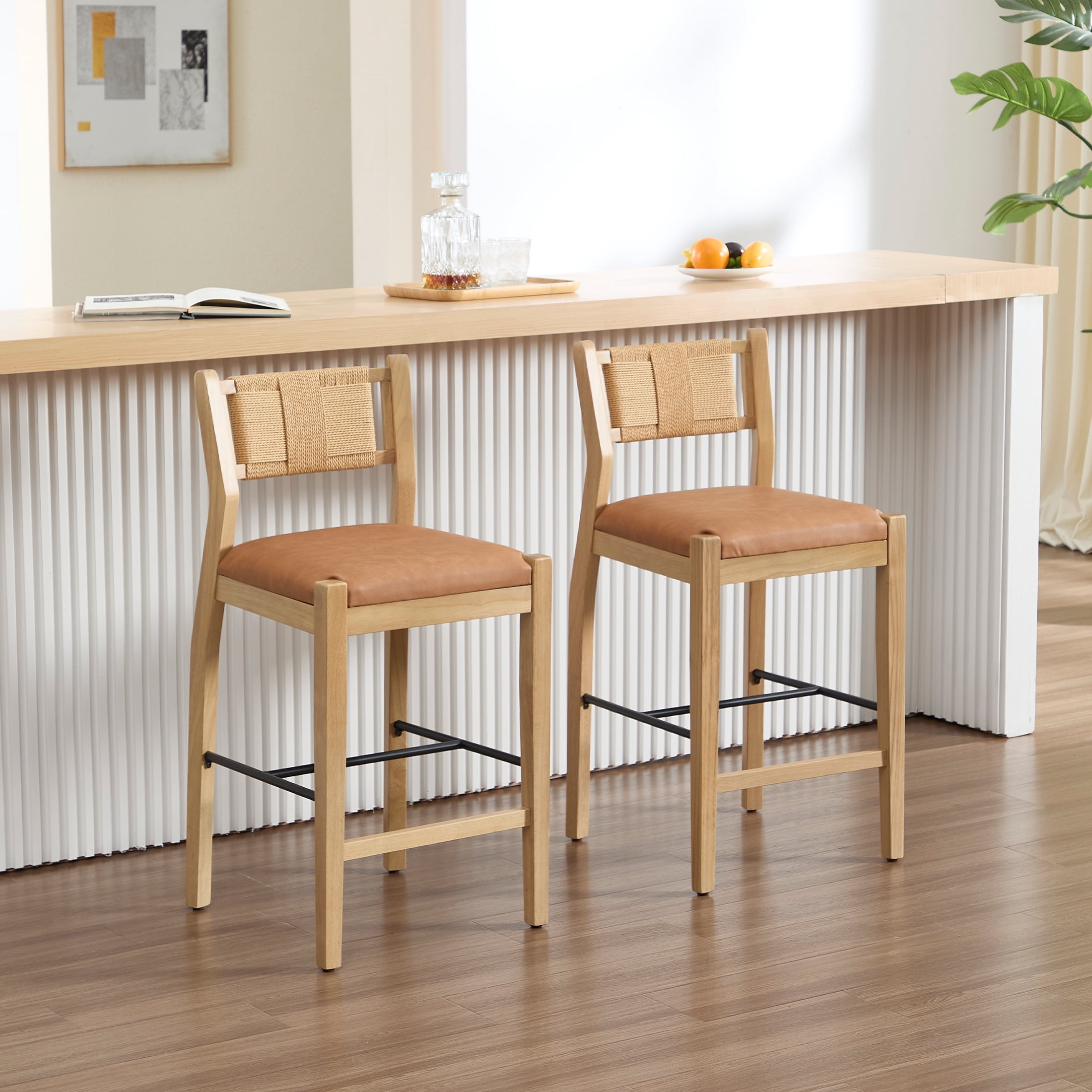 Guyou 26" Rattan Barstools Set of 2, Boho Solid Wood Counter Height Bar Stools, PU Upholstered Kitchen Island Chairs for Dining Room Bar, Brown