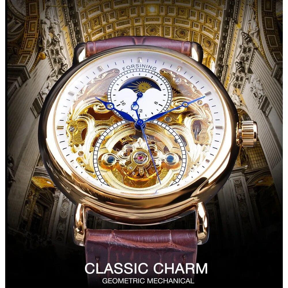 Forsining Luxury White Gold Display Brown Leather Moonphase Fashion Blue Hand Skeleton Waterproof Men Automatic Mechanical Watch Walmart