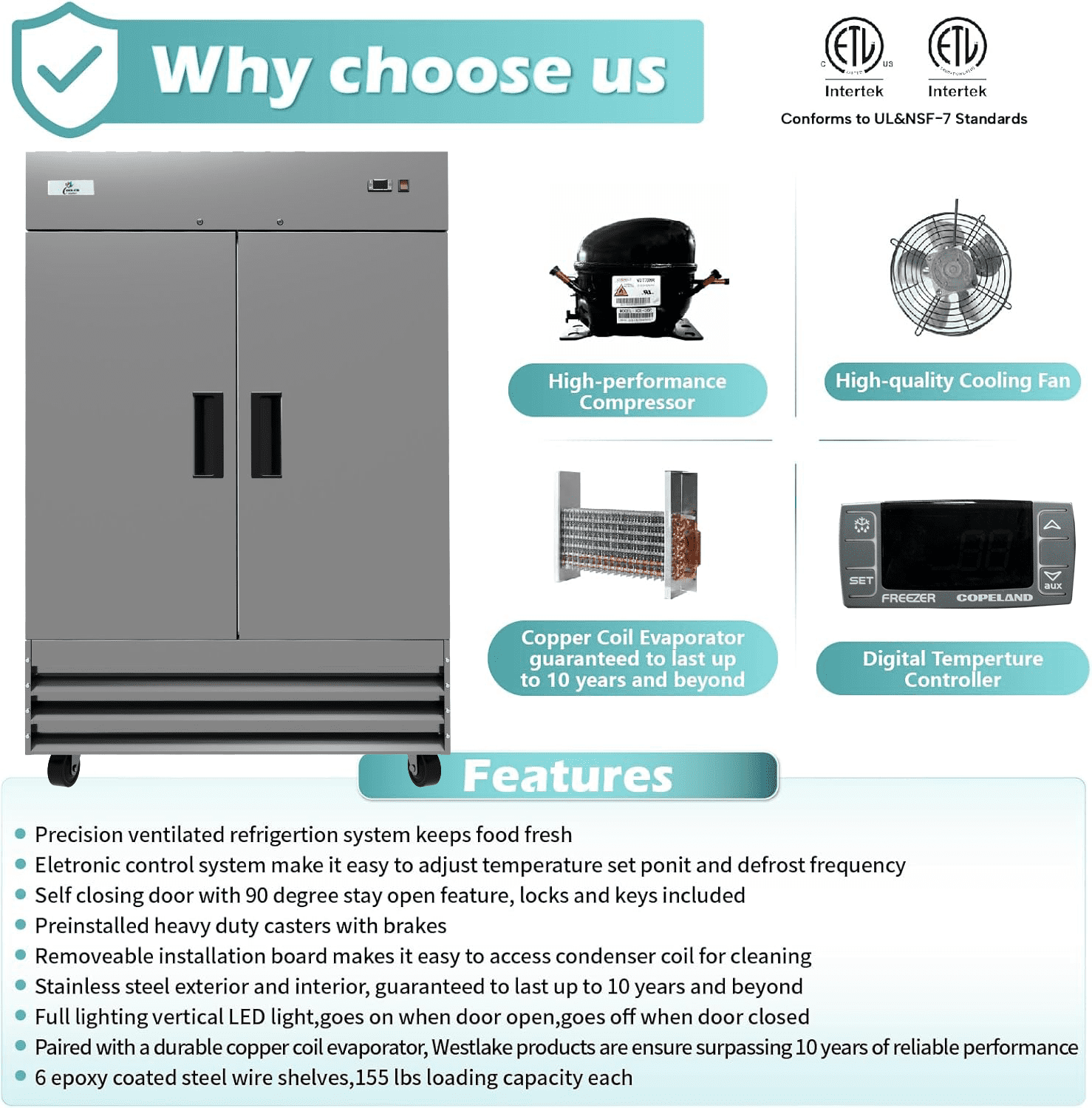 54in. 49cu.ft Commercial Reach in Freezer, Stainless Steel, Solid 2 Door Upright Fan Cooling freezer, NSF certified